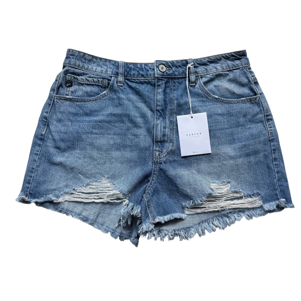 NWT KanCan Relaxed Fit High Rise Distressed Denim Shorts Size 13/30